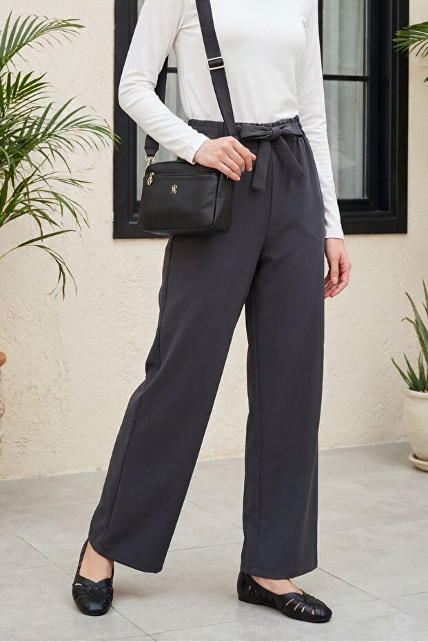 Double Fabric Wide Leg Trousers with Belt - Smoked