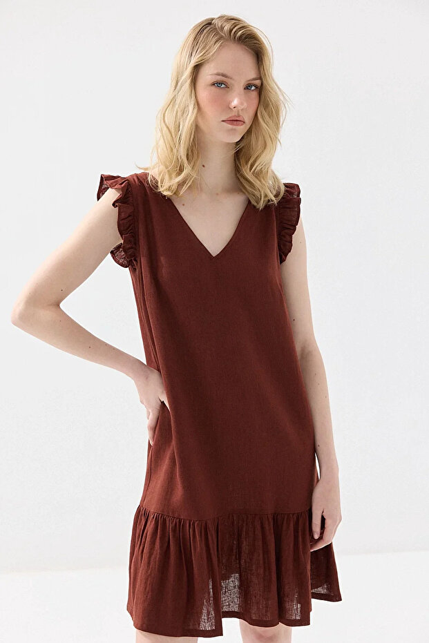 Linen Dress with Lace-Up Back and Ruffles - Tile Color