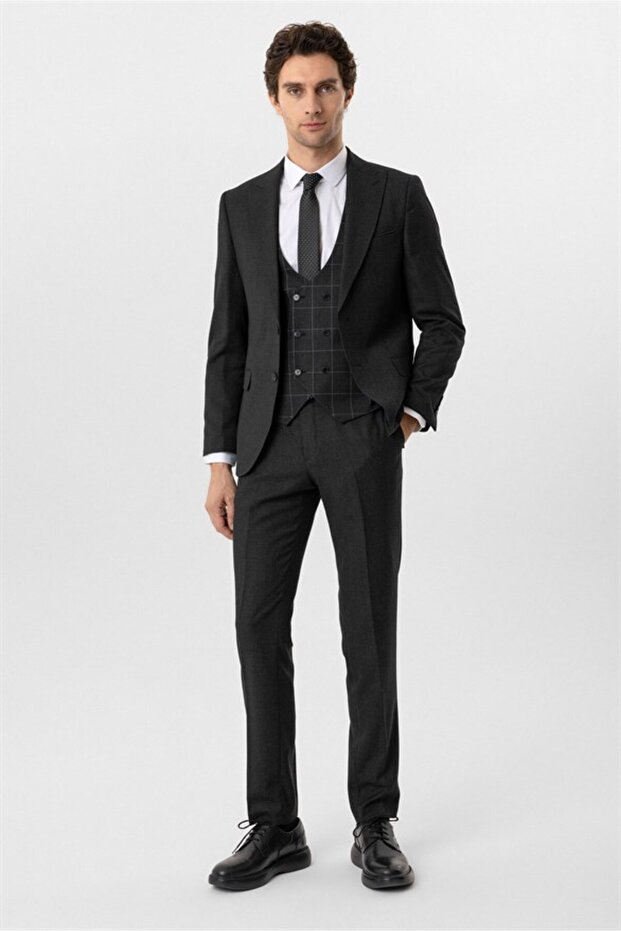 Cavalry Slim Fit 6 Drop Patterned Combination Black Suit - 7