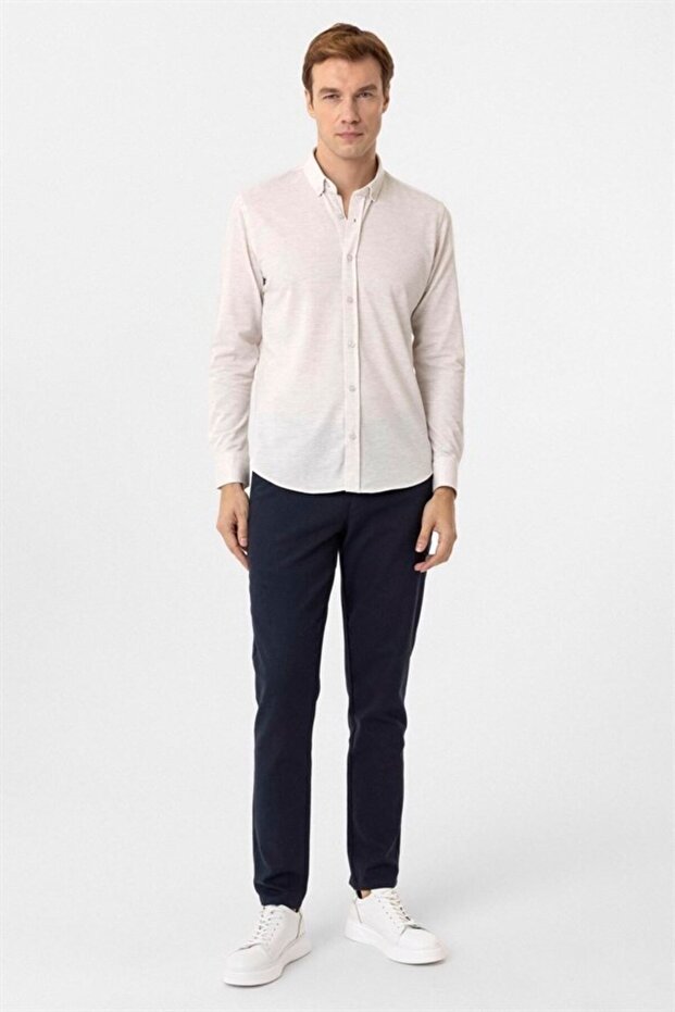 Ekru Slim Düğmeli Yaka Manşetli Casual Gömlek - 4