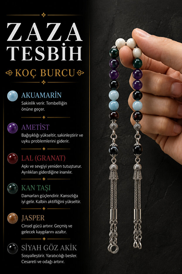 Aries Zaza Rosary Natural Stone Aquamarine-Amethite-lal-blood Stone-jasper-black Eye Agate