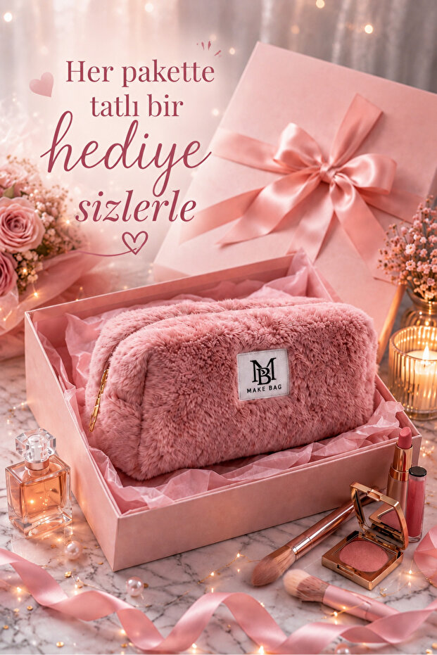 Büyütülmüş Pembe PELUŞ Makyaj Çantası (25X12X12)