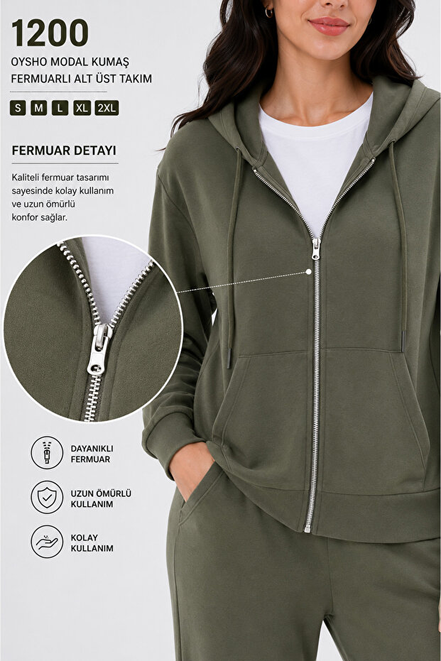Women's Modal Zippered Hooded Top and Bottom Set Comfortable Full Fit