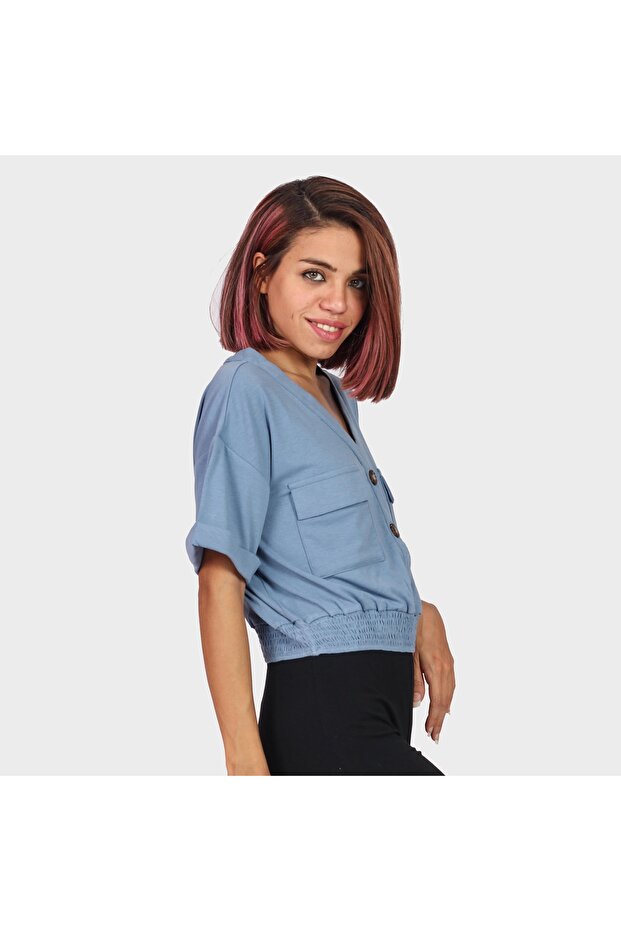 Oversized Button-Front Top with Pocket - 2