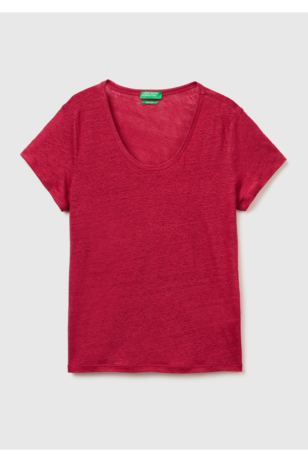 Women's Fuchsia 100% Linen Wide Collar Short Sleeve T-Shirt