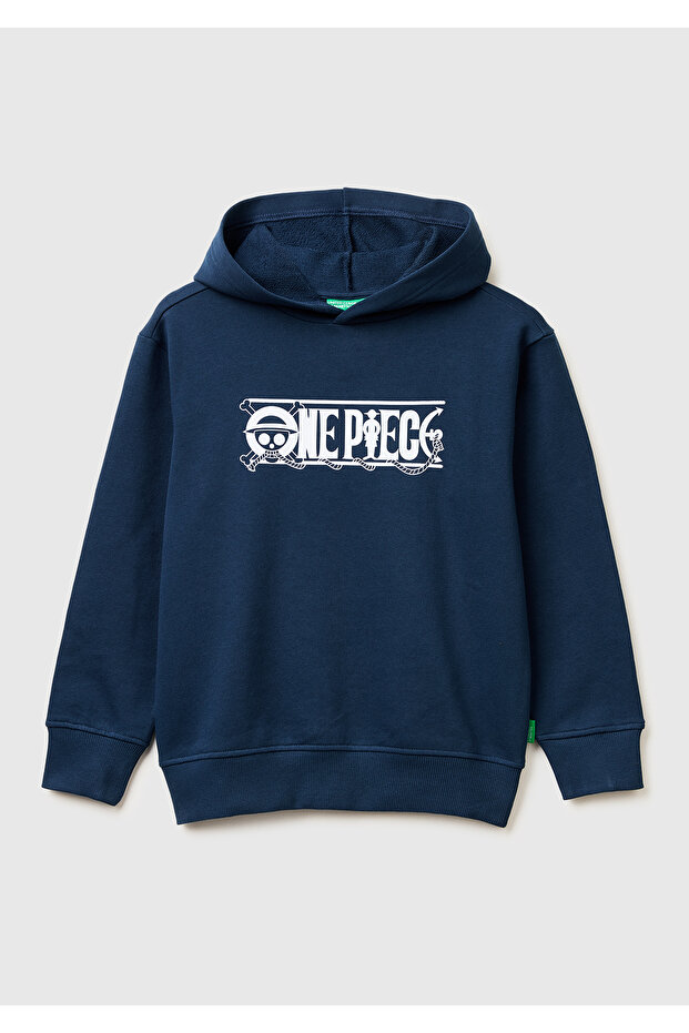 Boy's navy blue one-piece printed hooded sweatshirt with front and back design