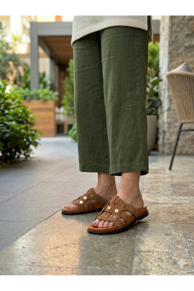 Terra Tan Suede Genuine Leather Pin-On Casual Slippers