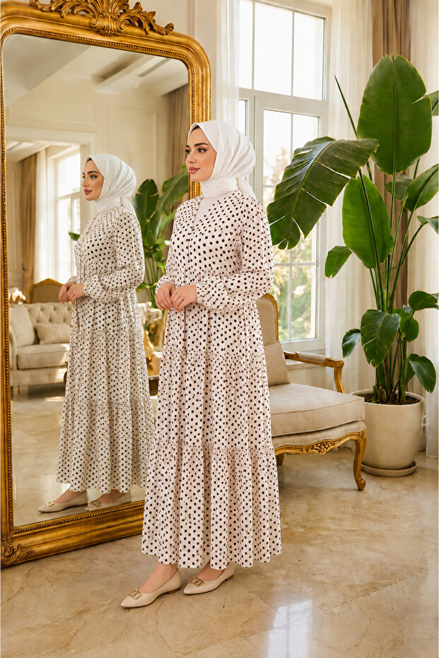 Women's Buttoned Polka Dot Modal Fabric Flowy Long Dress White