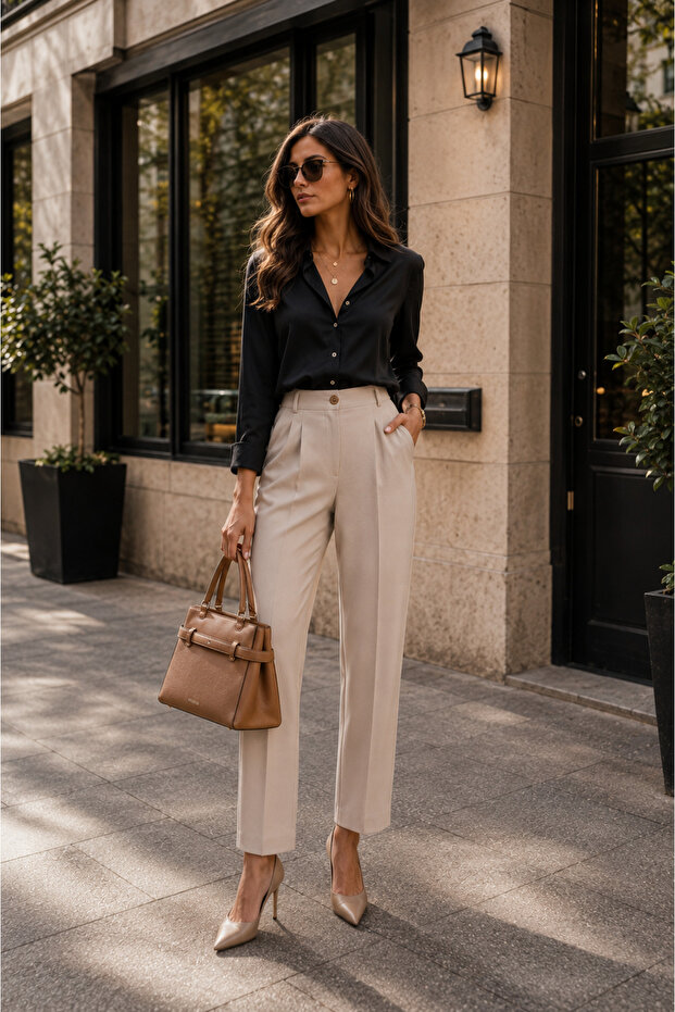 Women's Side Pocket Back Pocket Fleto Slim Fit Trousers Stone