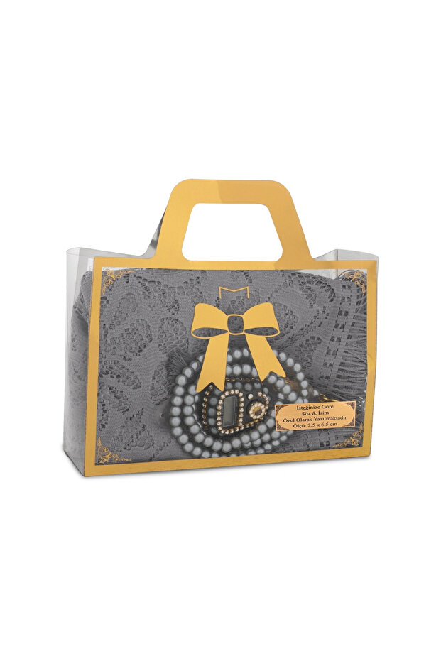 Tasbih + Lace Shawl + Zikirmatik Gift Set (with Acetate Box, Grey)