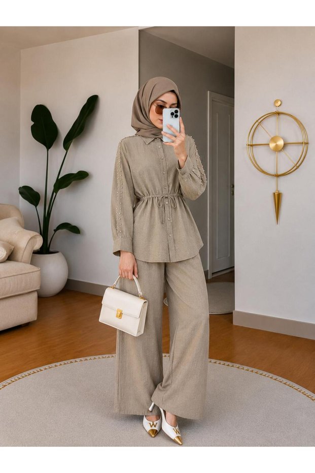 Women's Stone Detailed Waist-Tie Loose Linen Shirt and Trousers Two-Piece Set