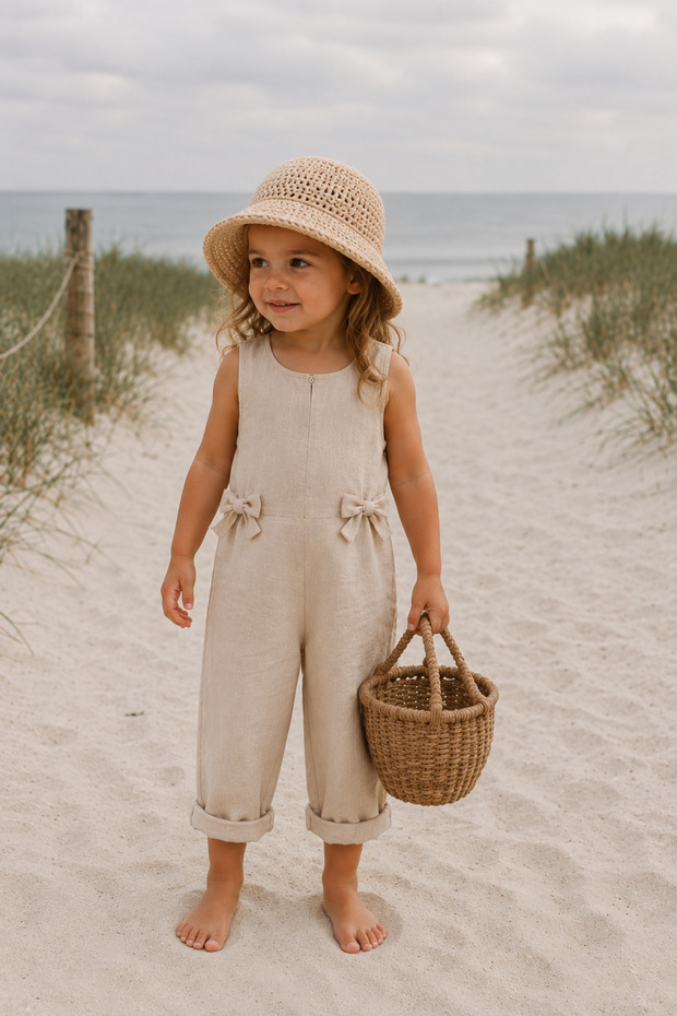 Bow Detailed Sleeveless Linen Children's Jumpsuit