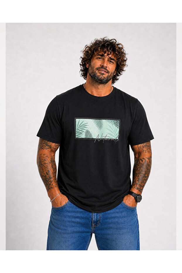 Men's Large Size Crew Neck T-Shirt Natural 26134 Black