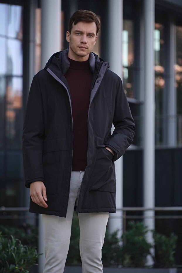 Men's Black Flora Snap-Up Hooded Dynamic Fit Comfortable Cut Coat