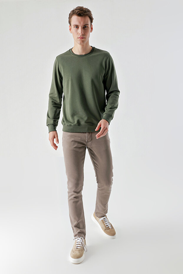 Men's Green Basic Crew Neck Sweat-Shirt - 5