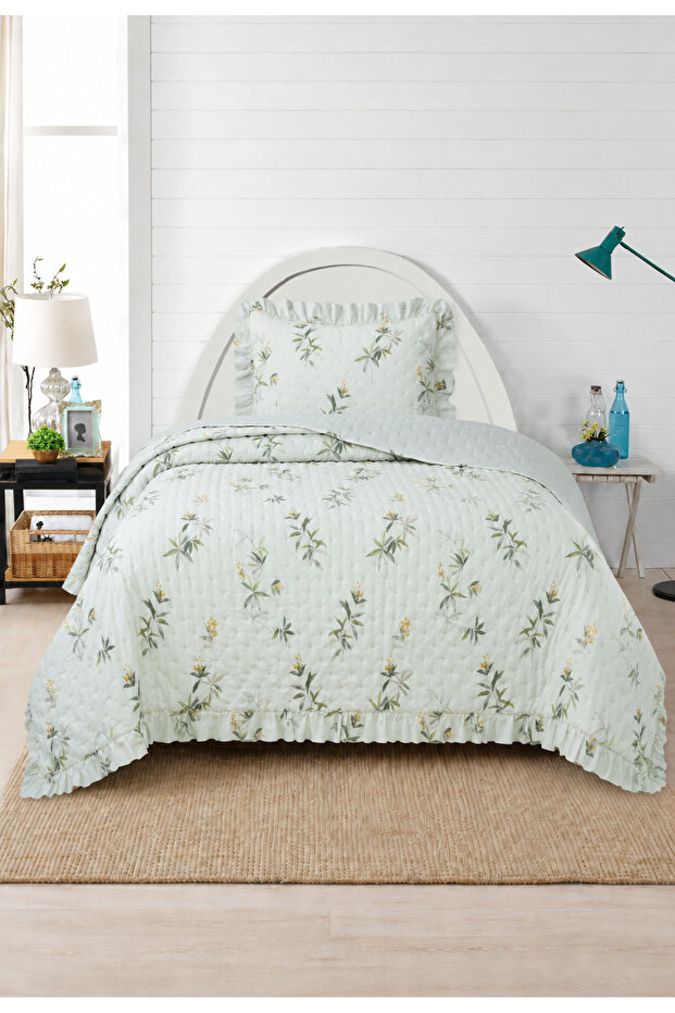 Flowers Single Bedspread Set 180X240Cm - with Flounce Pillows 100% Polyester Modern Green White