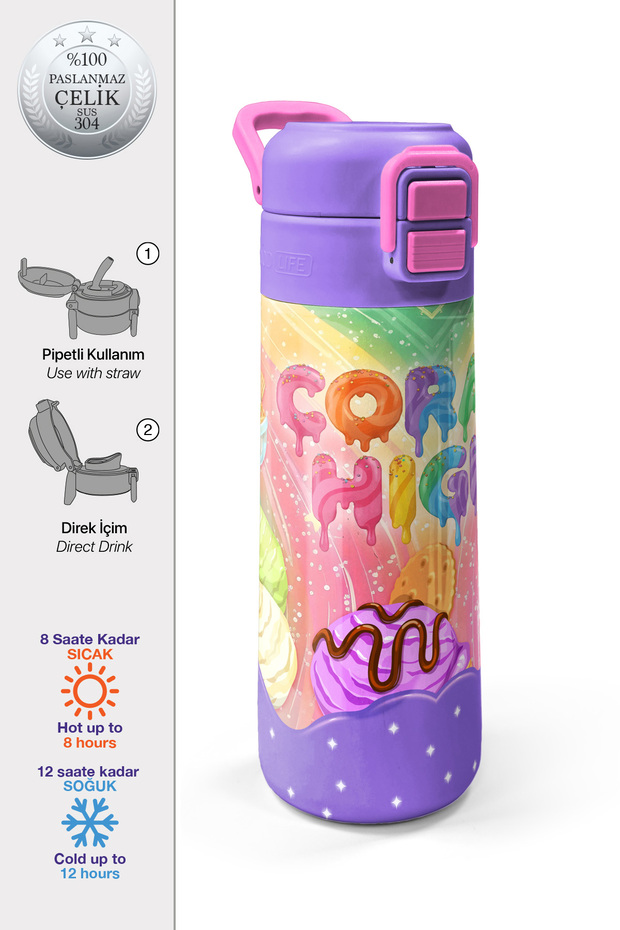 Kids Milka Ice Cream Patterned Thermos with Straw and Direct Drinking Steel Thermos 500 ml 38136