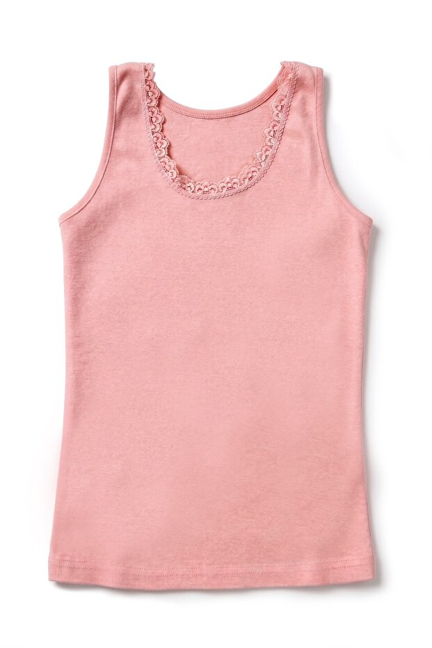 Girl's 100% Cotton Undershirt with Ribbed Thick Straps and Lace Detail, Special Flexible Fit (8018)