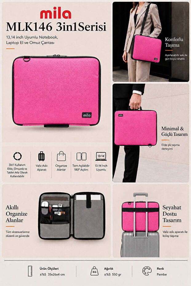 3in1 Series Mlk146 13,14 Inch Compatible Tablet, Laptop Hand and Shoulder Bag - Black