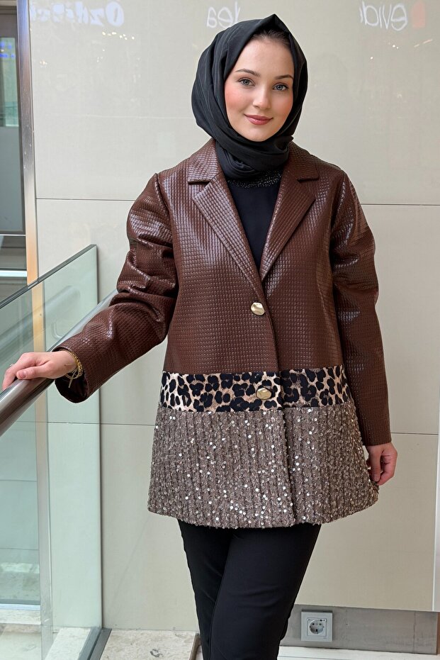 Square Patterned Leather Jacket with Sequins and Leopard Detail