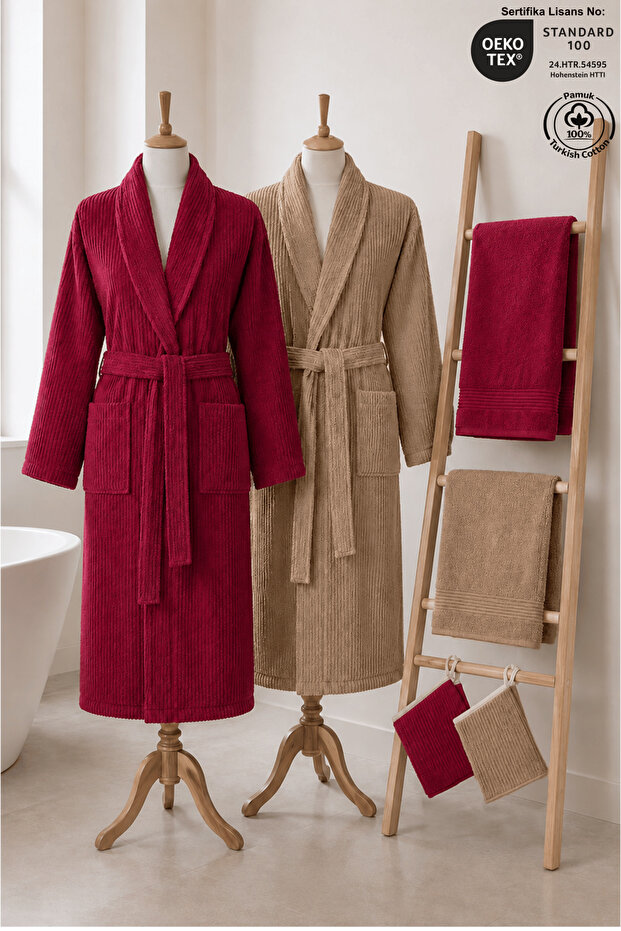 Eldy Striped Bathrobe Set Family Set, 6 Pieces, 100% Cotton Certified Şalyaka Bathrobe Dowry Set