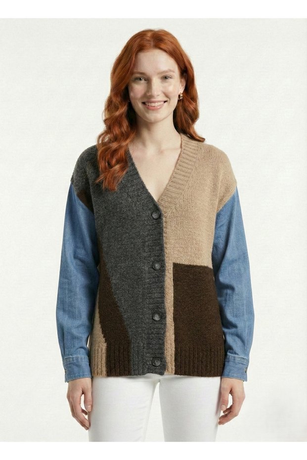 Denim Sleeve Detail Color Block V-Neck Knitwear Women's Cardigan