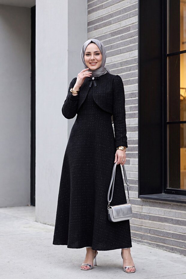 Jacket Detailed Glitter Brooch Dress - Black