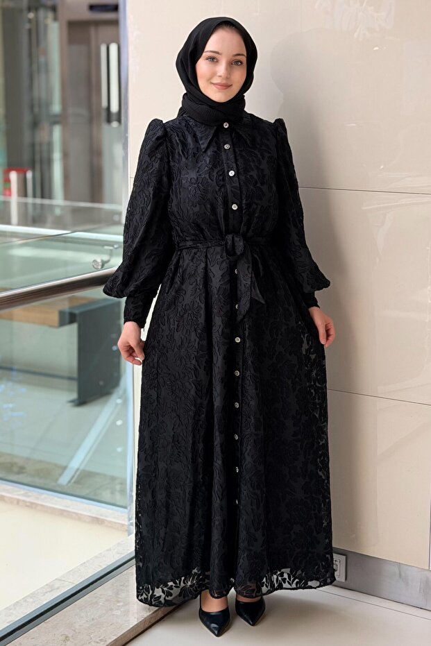 Front Buttoned Belted Burnout Evening Dress