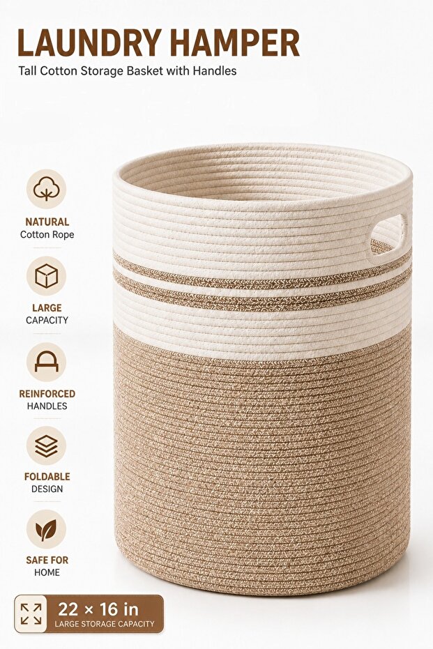 Large Cotton Laundry Hamper Basket with Handles – Collapsible Storage Organizer