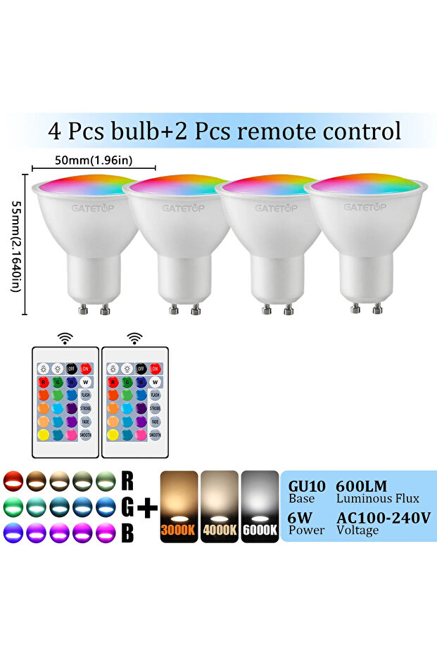 AC100-240V RGB 4000K 4PCS 1-10PCS RGB GU10 LED Spotlight Bulb 24 Key Remote Control Dimmable 6W AC22