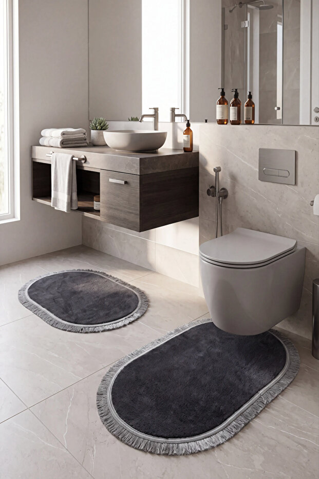 2-Piece Bathroom Mat Set Non-Slip Base Soft Texture Fringed Oval Cut Carpet 60X100 and 50X60