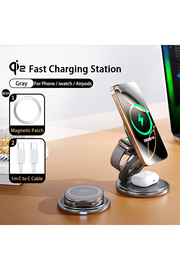 Gray 15W QI2 Magnetic Wireless Charger Stand 360° Rotating Foldable Phone Holder for iPhone 12/13/14