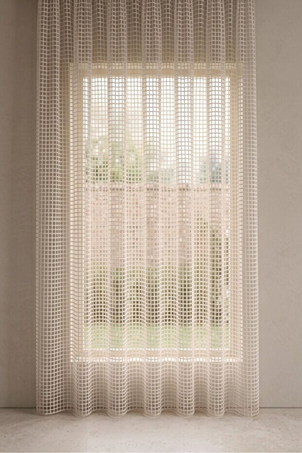 Cream Mesh Knitted 1/3 Dense Pleated Square Pattern Tulle Curtain – Modern and Minimalist Living Room & Room Tulle
