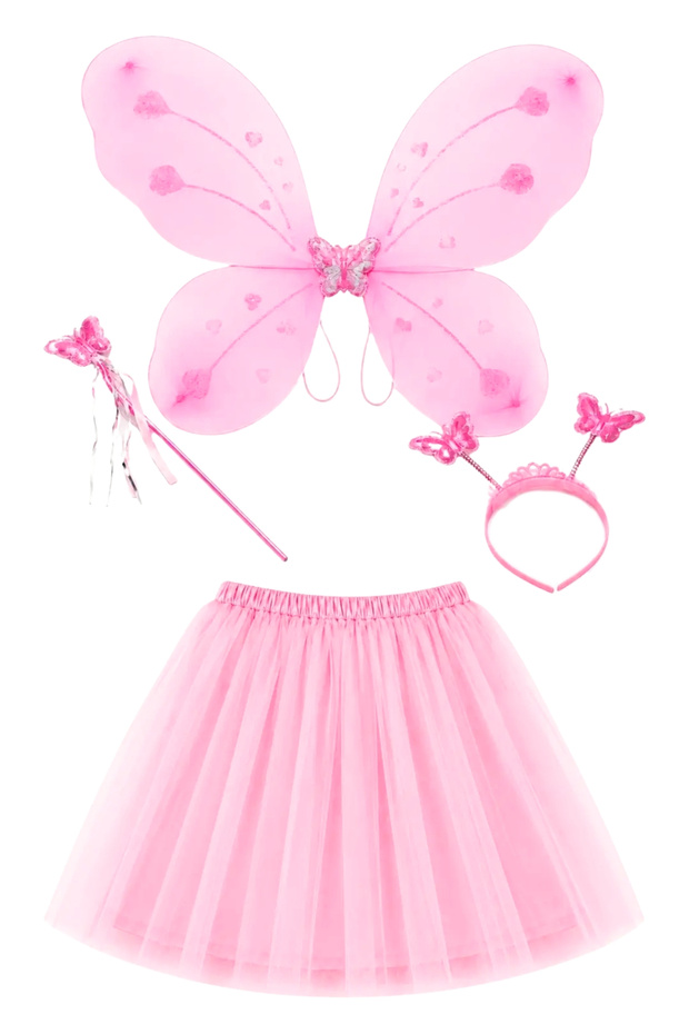 Butterfly Wing Costume Set - Tutu Skirt Wing Crown and Wand 4-Piece Children's Performance Accessories Powder Pink