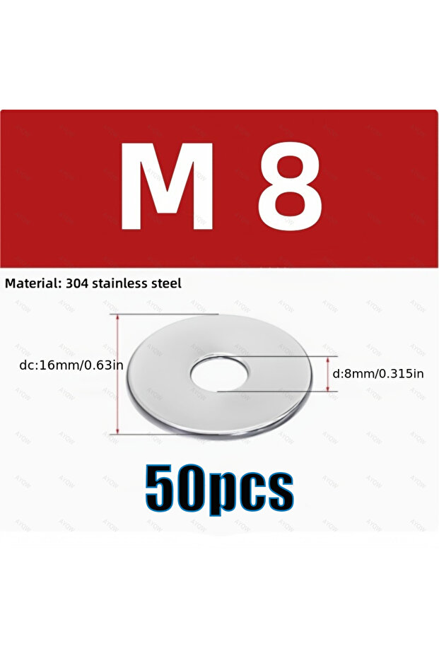 M8-50pcs 100/80/50pcs 304 Stainless Steel Flat Washers (M3 M4 M5 M6 M8 M10 M12) Suitable for Screws