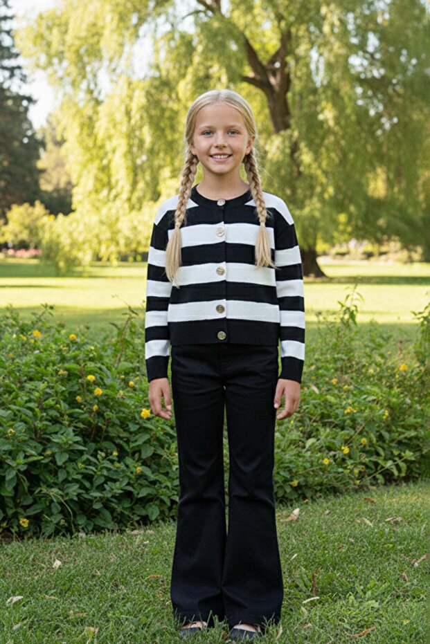 Striped Buttoned Girls' Knit Cardigan
