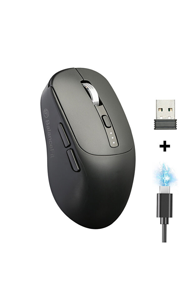فأرة لاسلكية سوداء متوافقة مع USB 2.4 جيجاهرتز وبلوتوث، تصميم مريح للاستخدام المكتبي، مناسبة لأجهزة آيباد ماك