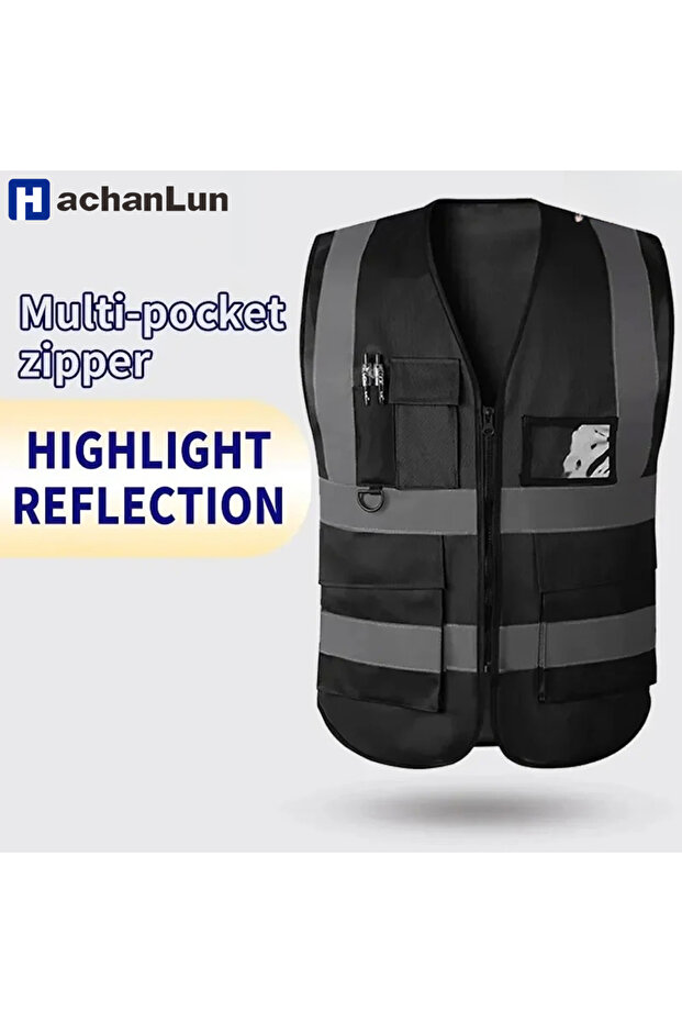 black HACHANLUN Black Reflective Vest Vest Reflective Vest Traffic Riding Vest Overalls Multi-pocket