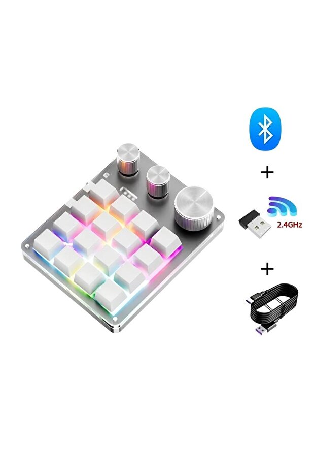 Wireless 3mode White 16 Keys 3 Knobs Mechanical Gaming Keyboard USB Wired Bluetooth/ Wireless Progra