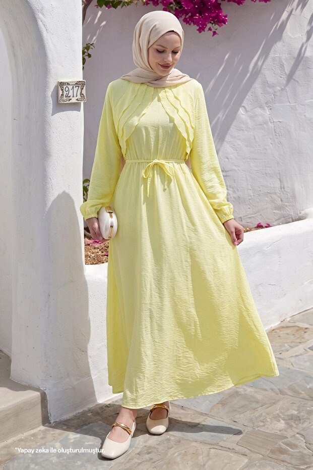 Yellow Dress with Fold Detail on the Front and Belt