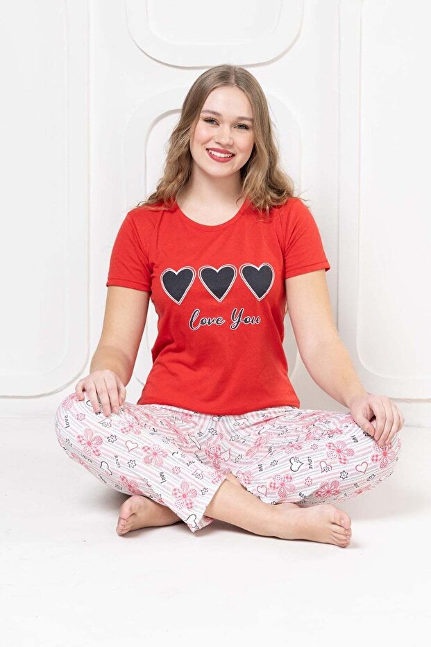 Heart Printed Short Sleeve Pajama Set