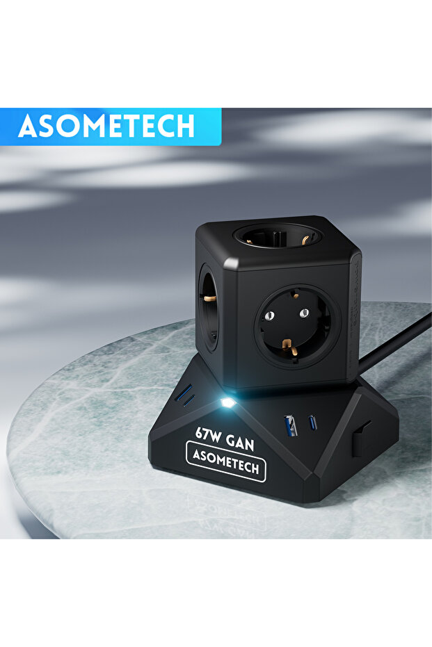 Black EU KR Universal ASOMETECH 10 IN 1 Power Strip Tower 67W GaN USB C Charger 6 AC Outlets 2 USB 2