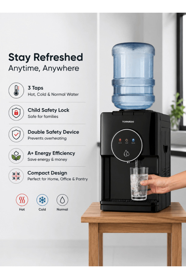 Desk Top Water Dispenser Top Loading Hot & Cold 3 Taps TWD-L3TBE-B Black