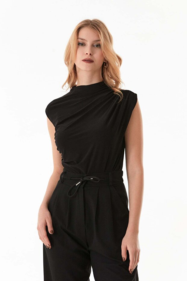 Stand Collar Blouse with Draped Shoulder and Sides