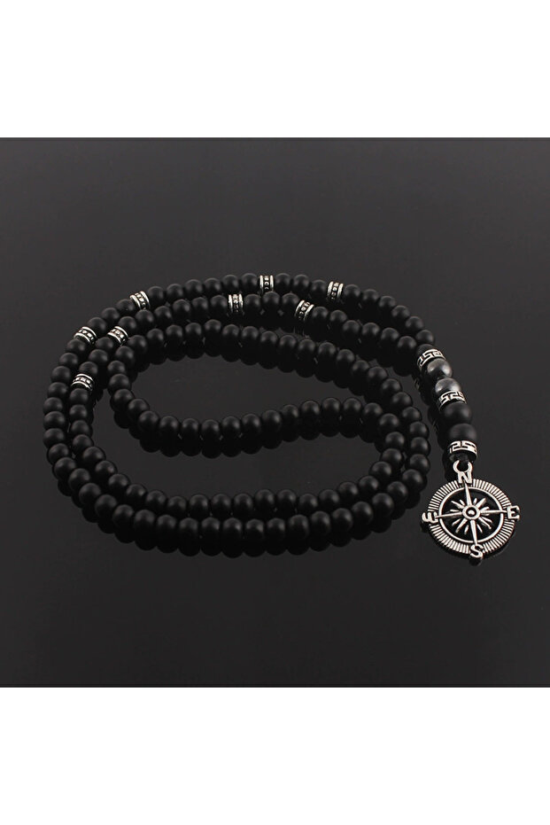 70cm Black 6mm Matte Black Obsidian Necklace with Compass Pendant for Men Handmade Jewelry