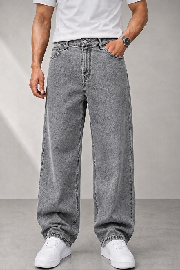 Men's Gray Baggy Fit Non-Lycra Relaxed-Fit Jeans Pants