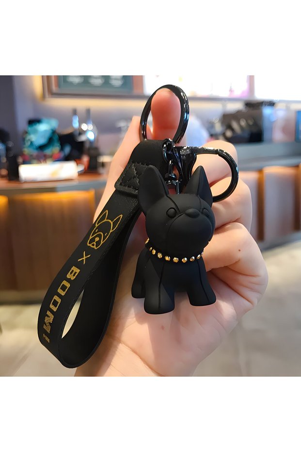 black Fashion Cool French Bulldog Keychain PU 3D Leather Dog Keychains For Women Bag Pendant Jewelry