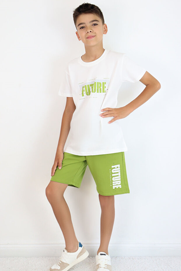 Boy's Shorts Set with Lettering Printed Shorts and Lacing Accessories, Ages 8-14, Ecru