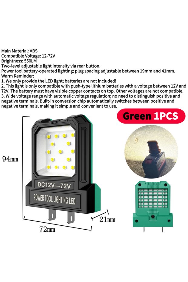 Green 1PCS B 12V-72V Electric Tool Work Light For Makita For Milwaukee For Bosch For Dewalt Lithium