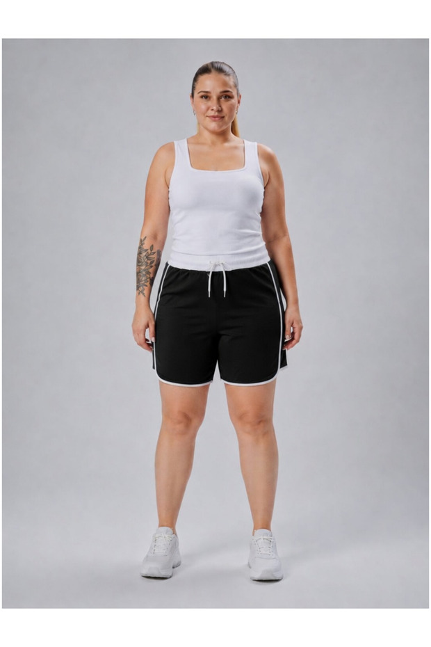 Curve Plus Size Women's Piping Detailed Knitted 100% Cotton High Waist Sports Black Shorts & Bermuda